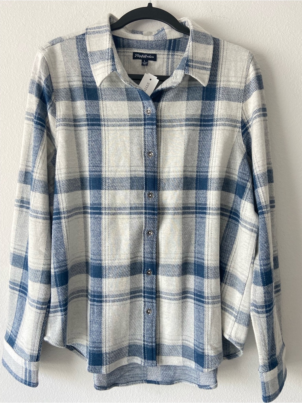 Flag & Anthem Blue Cream Plaid Flannel Button Down Shirt Size L NWT